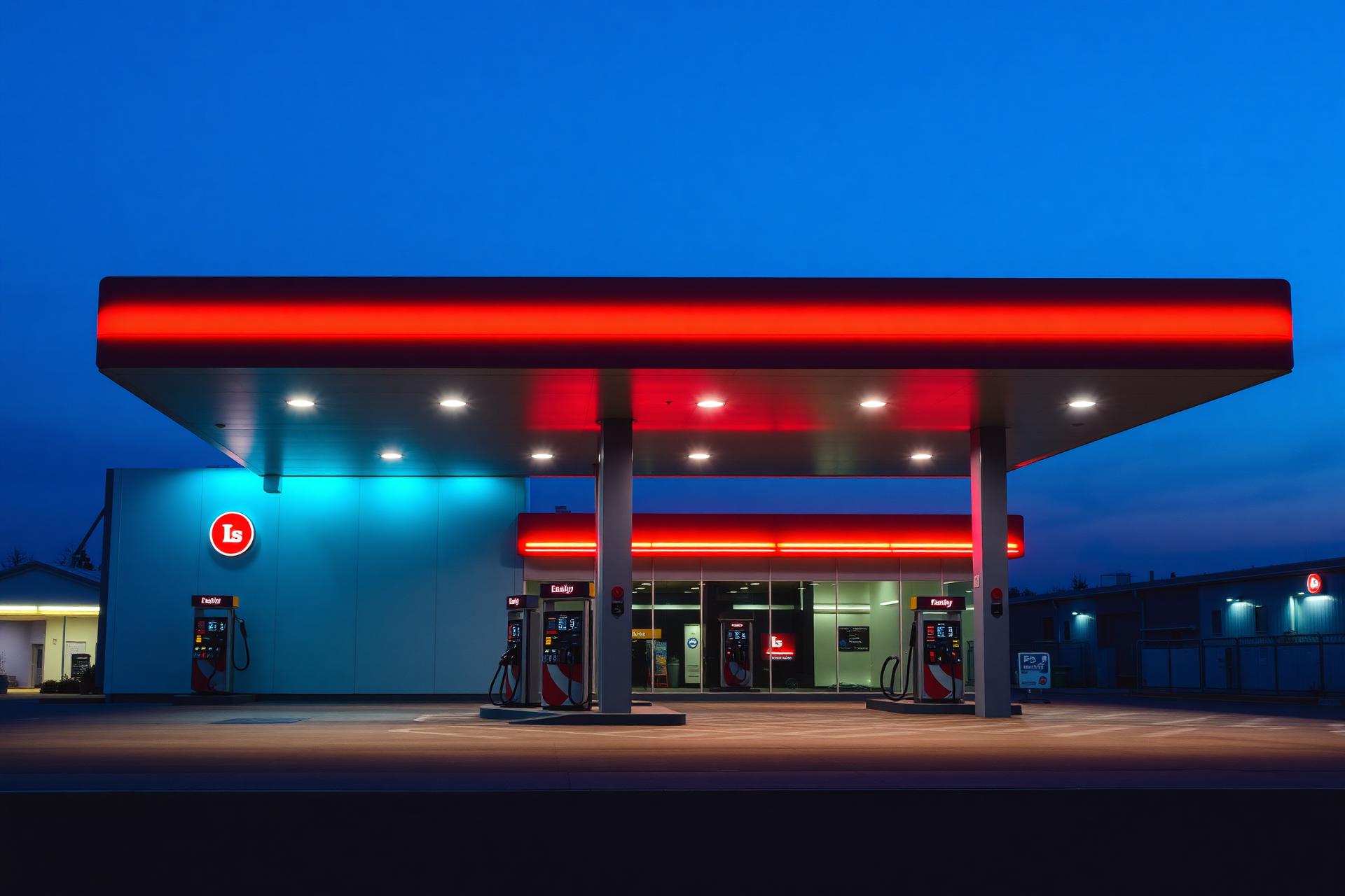 Premium petrol station at dusk